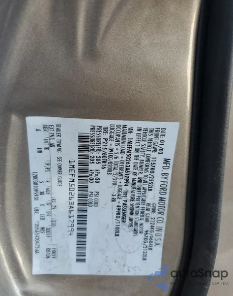 2003 Mercury Sable Gs from USA, damaged, VIN 1MEFM50263A617994